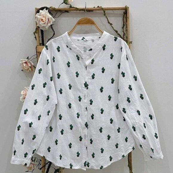 Tops - White Button Down Blouse With Green Cactus Print